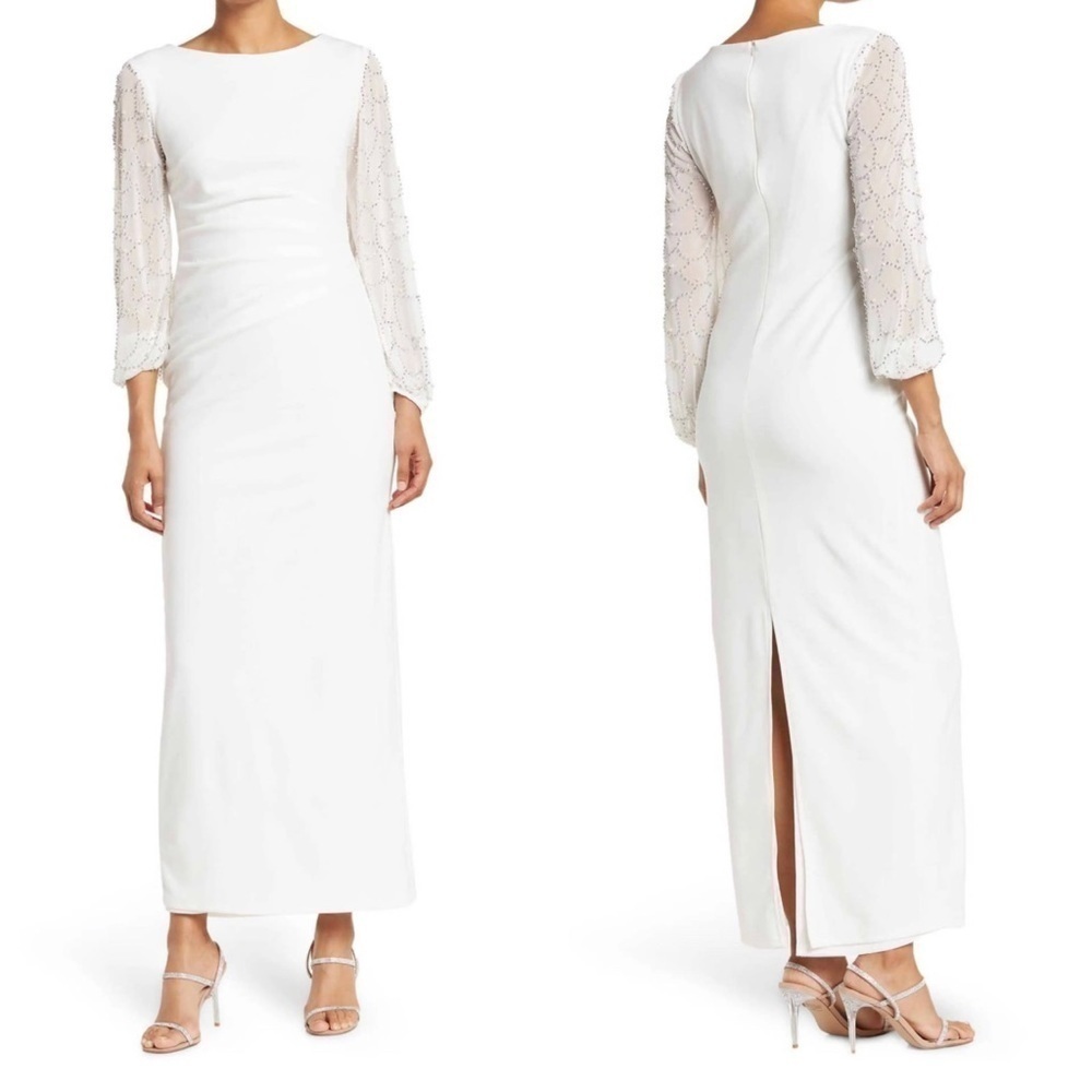 Marina White Boat Neck Embellished Long Sleeve Gown US 10